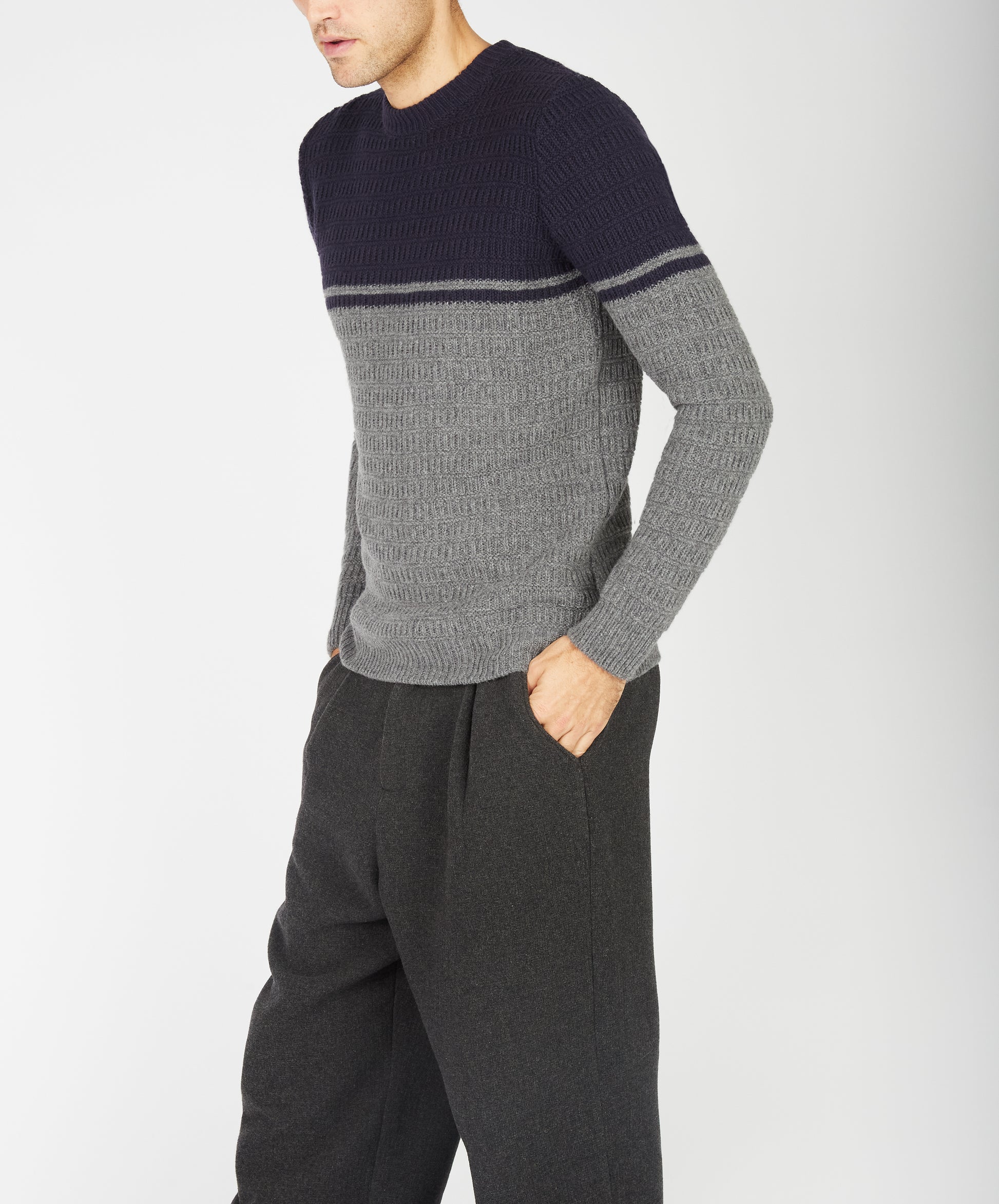 IrelandsEye Knitwear Colour Block Crew Neck Midnight Blue & Smoke