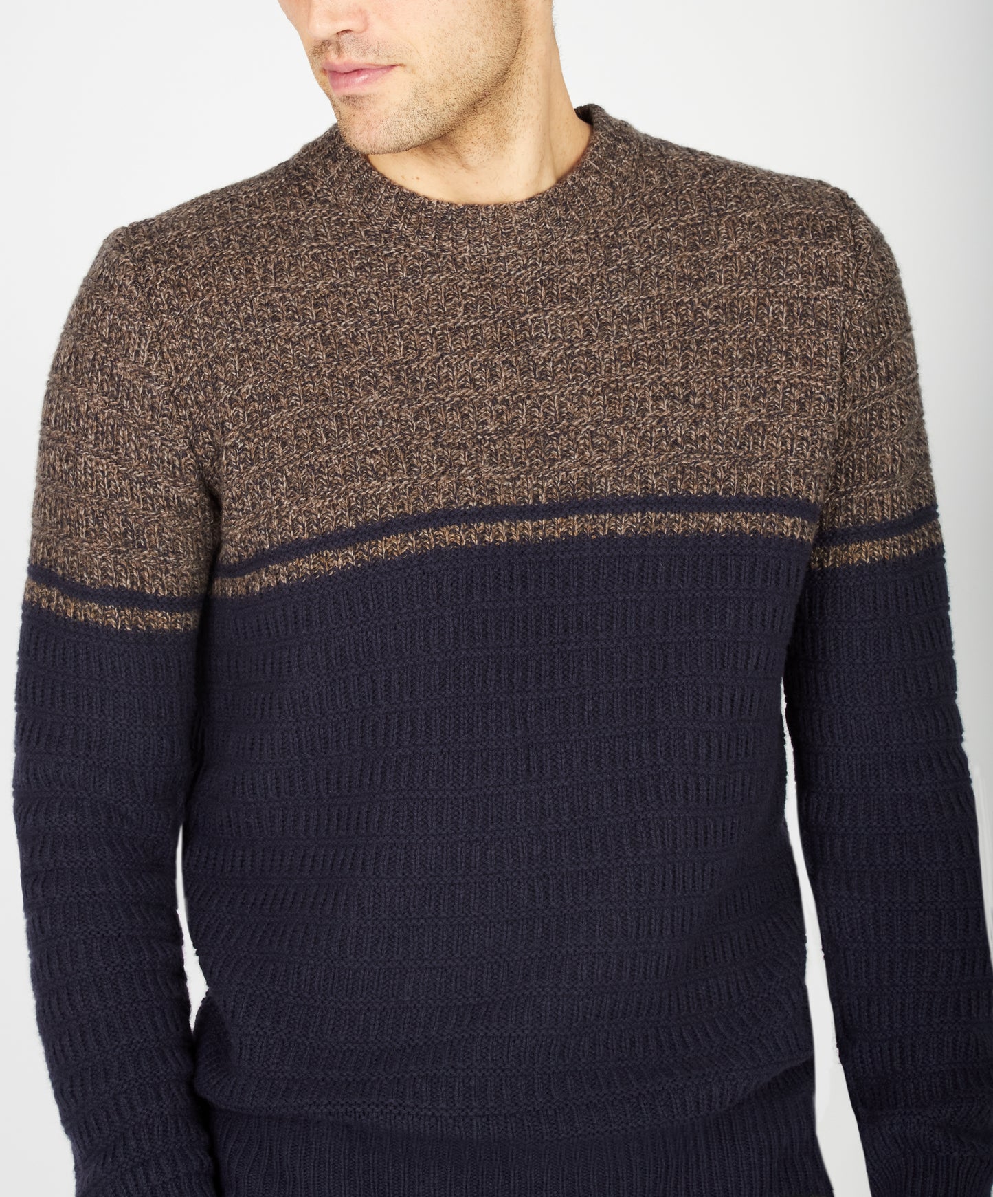 IrelandsEye Knitwear Colour Block Crew Neck Shadow Marl & Midnight Blue