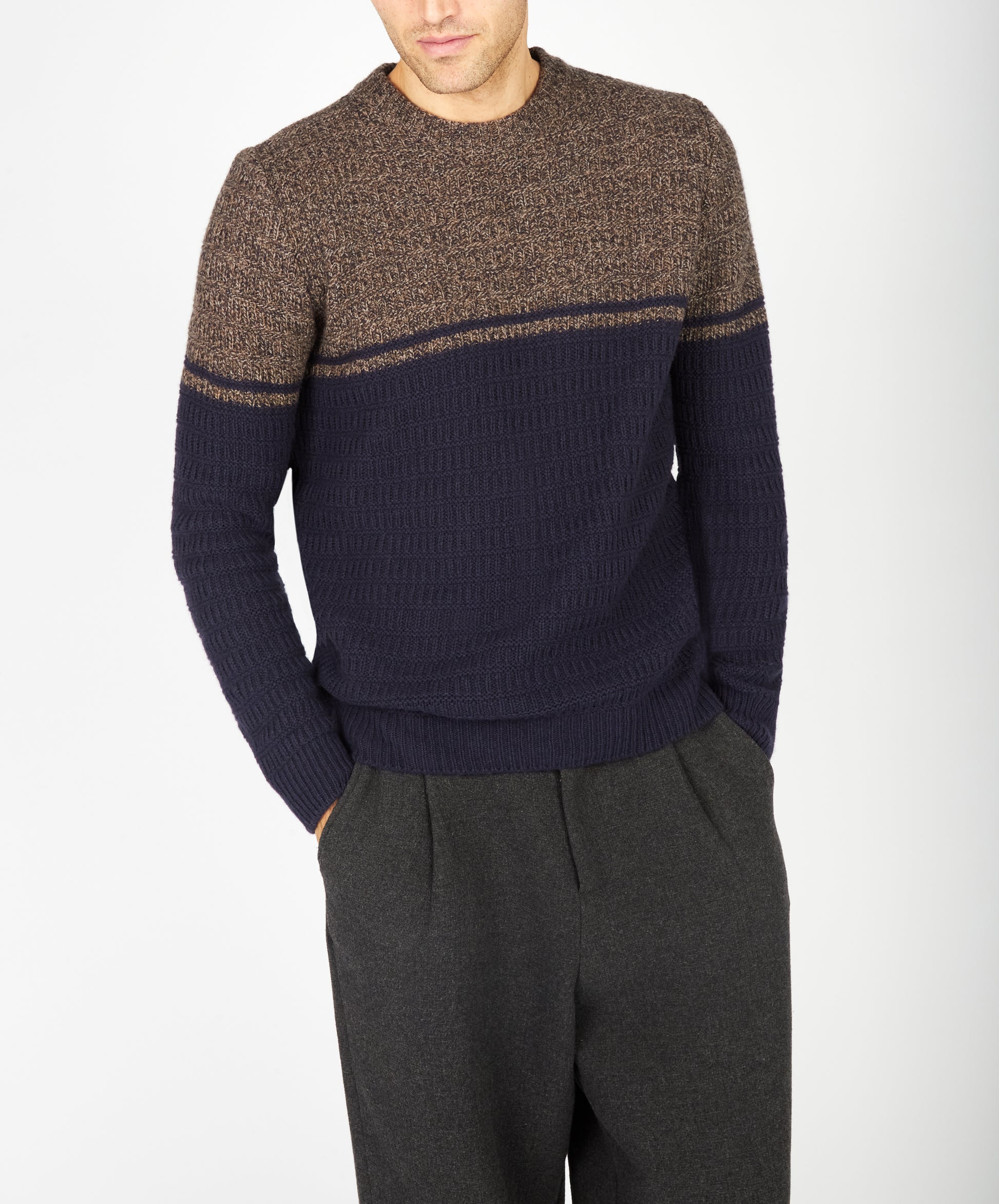 IrelandsEye Knitwear Colour Block Crew Neck Shadow Marl & Midnight Blue