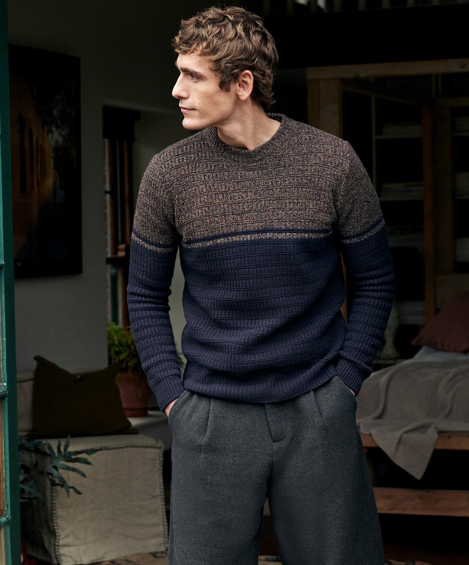 IrelandsEye Knitwear Colour Block Crew Neck Shadow Marl & Midnight Blue