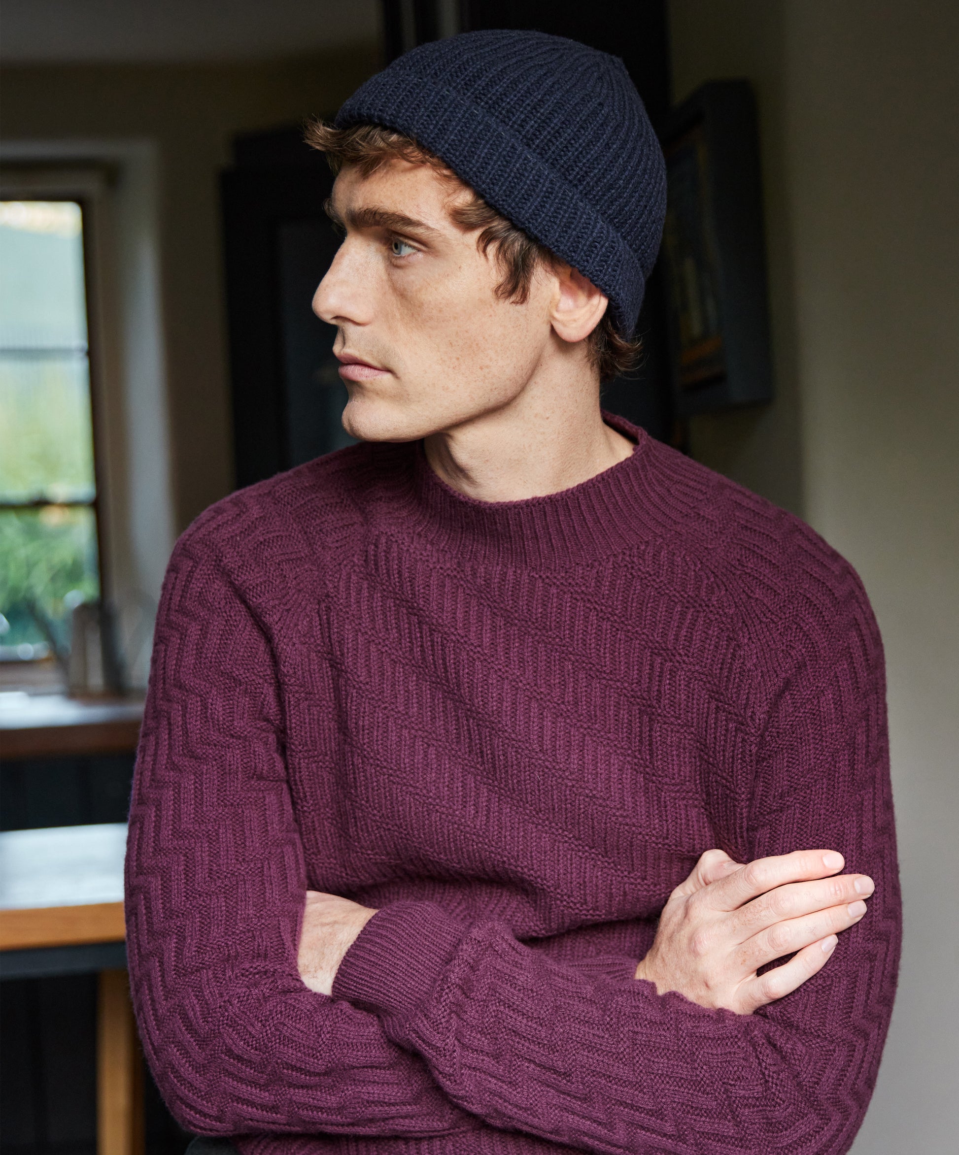 IrelandsEye Knitwear Villiers textured Raglan in Currant Beanie Hat Midnight Blue