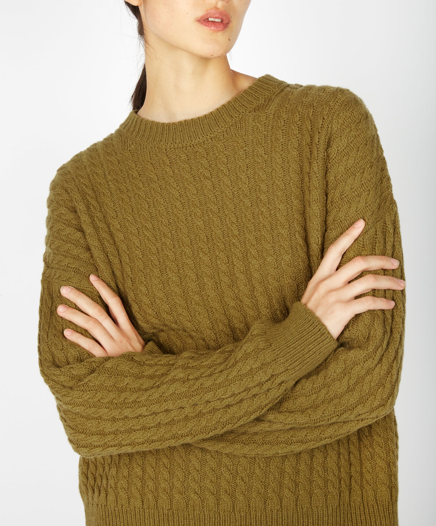 IrelandsEye Knitwear Corbin Cable Crew Neck Khaki