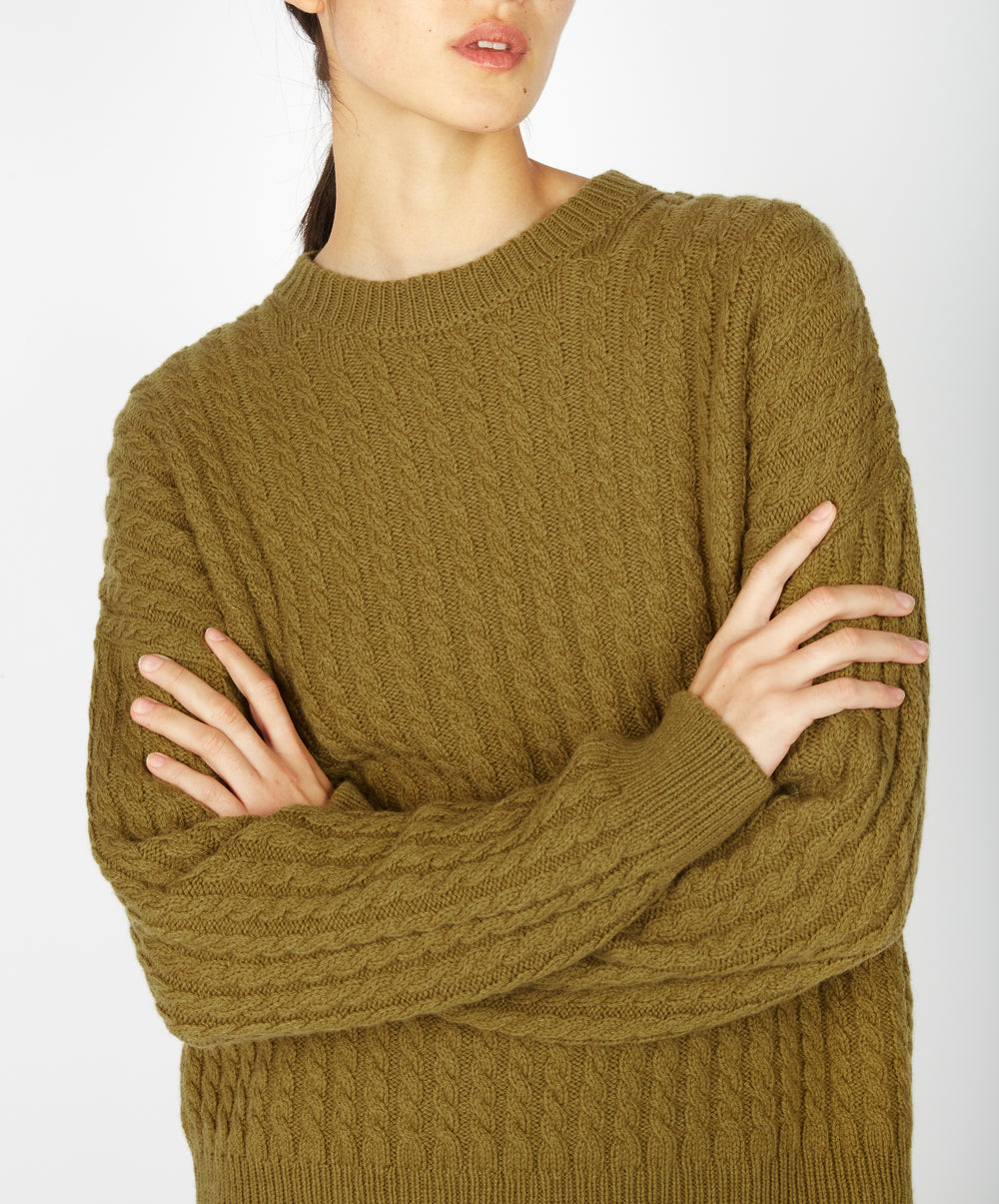 Zopfmuster-Pullover Corbin mit Rundhalsausschnitt in Khaki