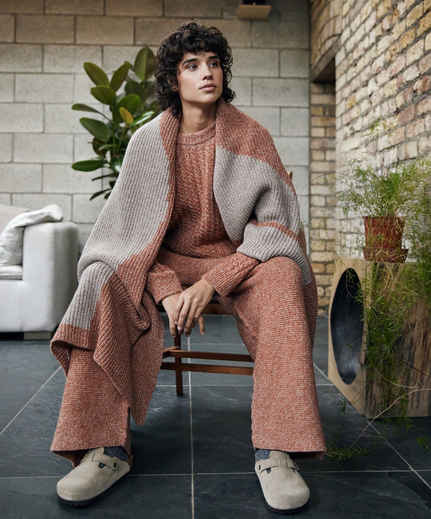 IrelandsEye Knitwear Kestrel Cropped Trousers and Corbin Cable Crew and Wren Intarsia Throw Cedar Marl