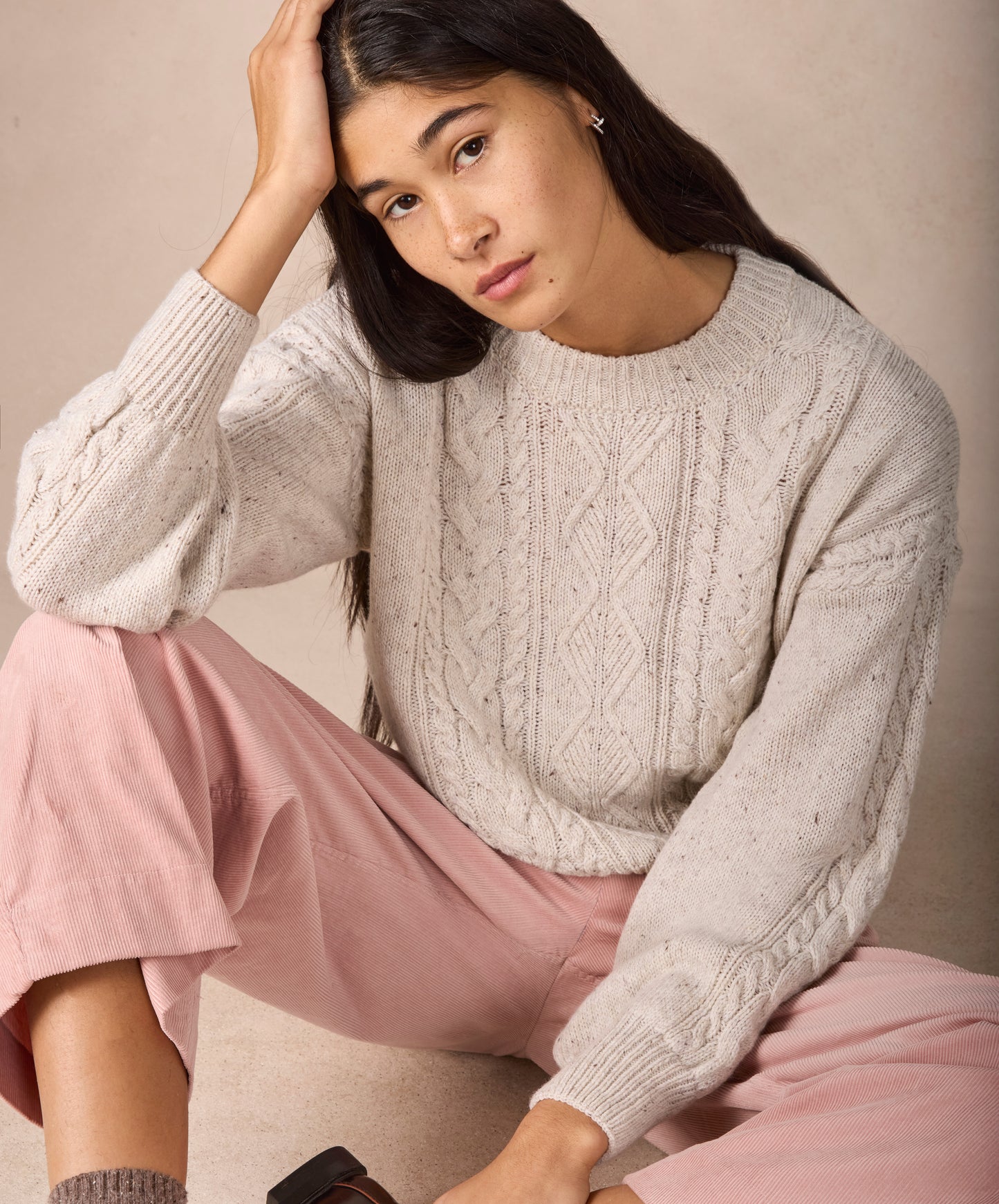 IrelandsEye Knitwear The 'Eva' Cable Crew Neck Chalkstone