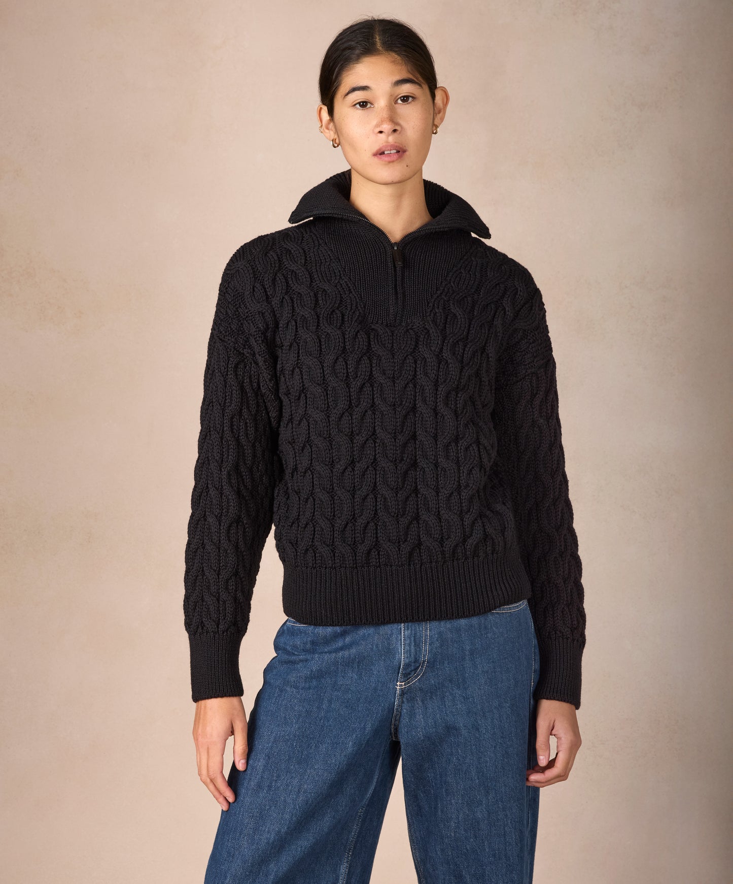IrelandsEye Knitwear The 'Jessica' Cropped Aran Troyer Dark Night