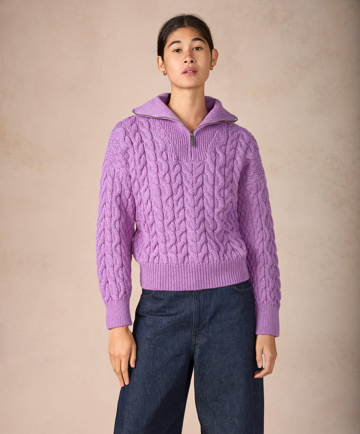 IrelandsEye Knitwear The 'Jessica' Cropped Aran Troyer Lilac Marl