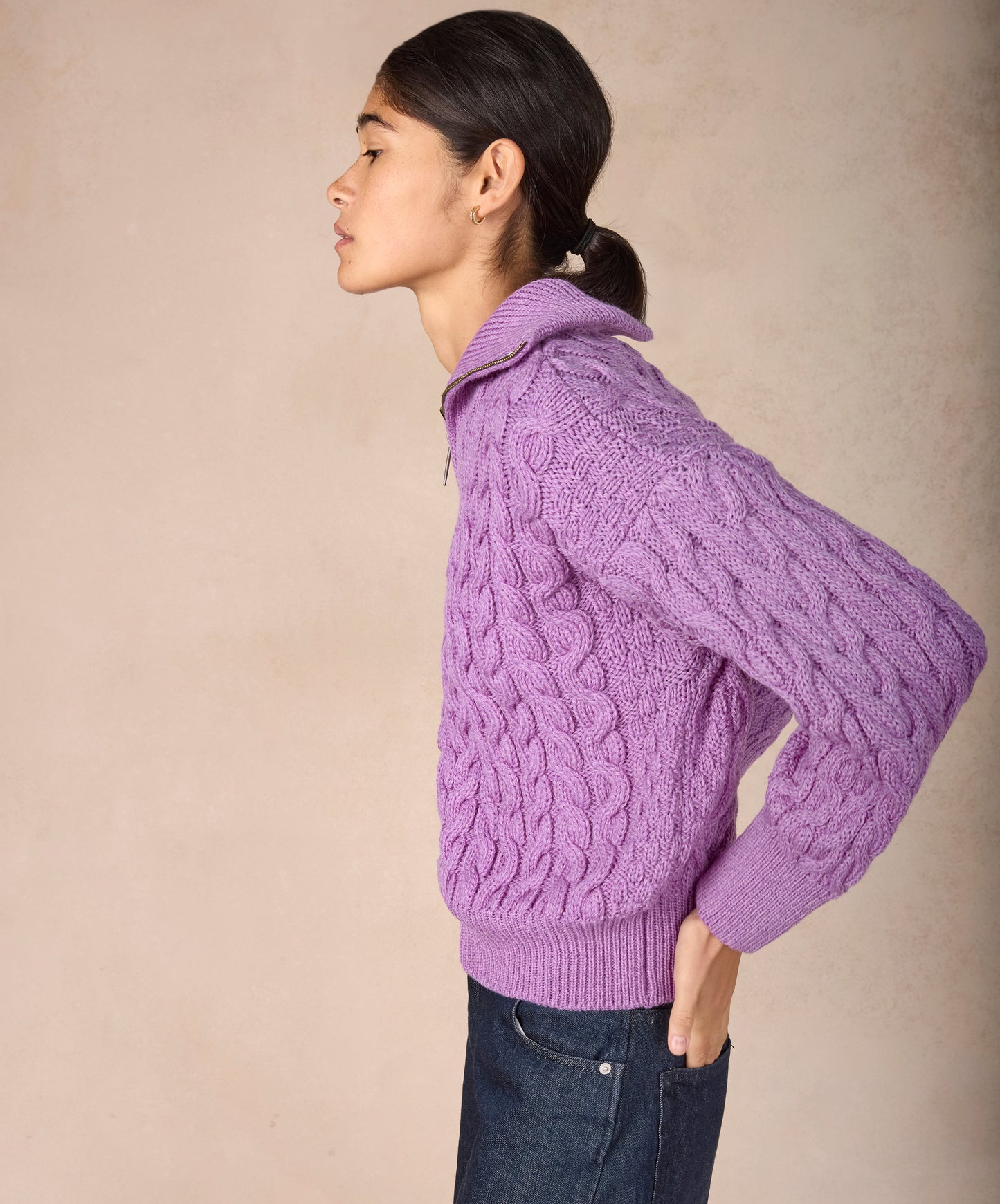 IrelandsEye Knitwear The 'Jessica' Cropped Aran Troyer Lilac Marl