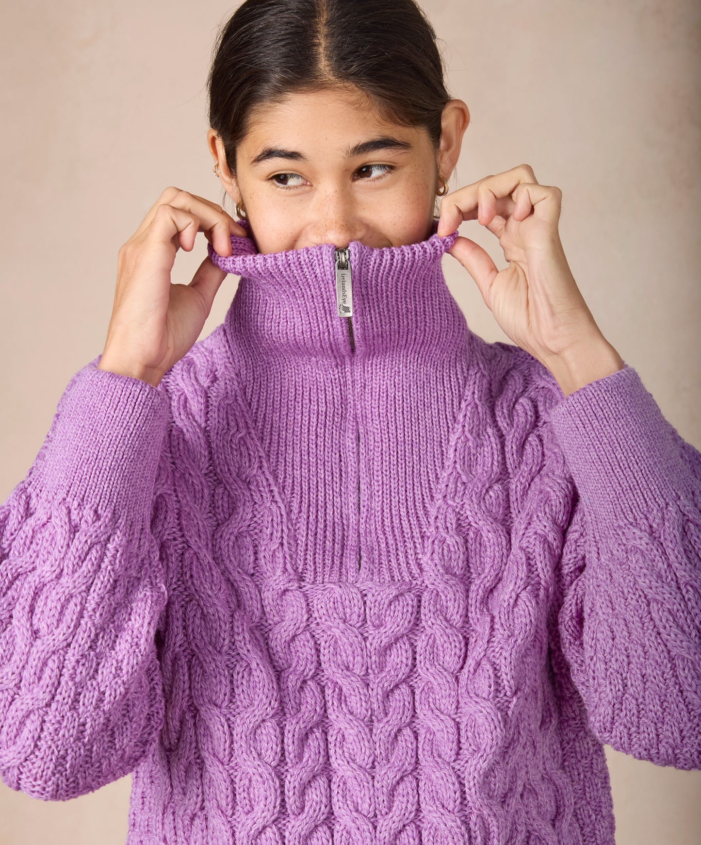 IrelandsEye Knitwear The 'Jessica' Cropped Aran Troyer Lilac Marl