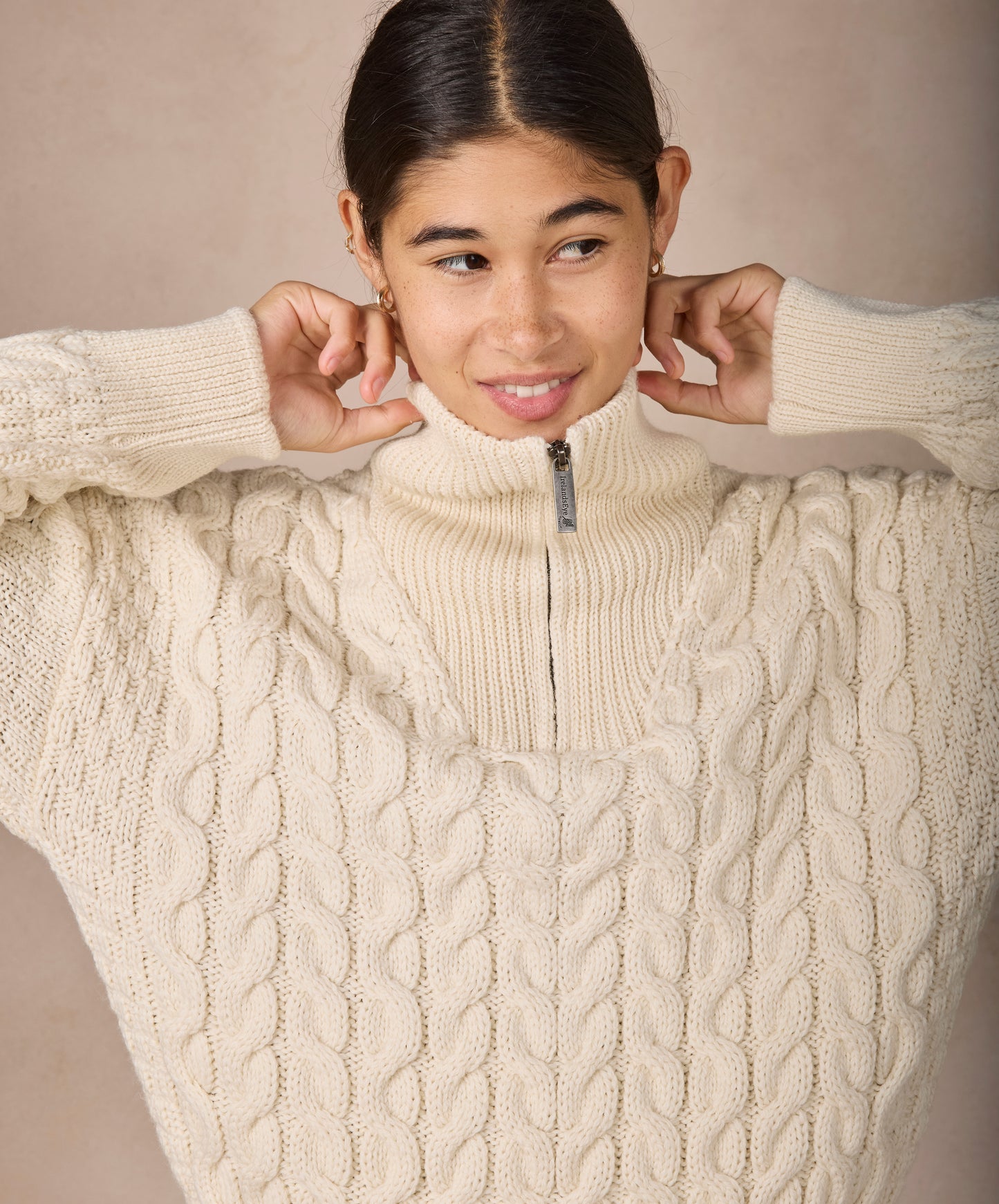 IrelandsEye Knitwear The 'Jessica' Cropped Aran Troyer Natural