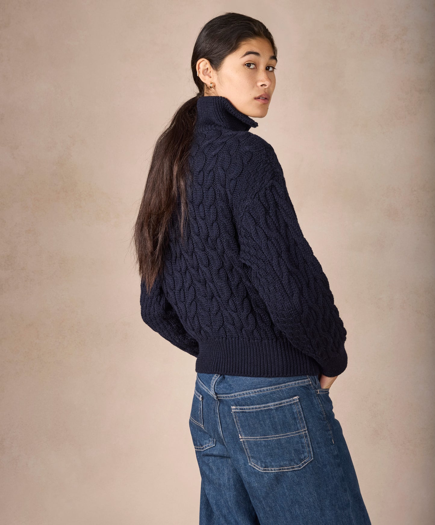 IrelandsEye Knitwear The 'Jessica' Cropped Aran Troyer Navy