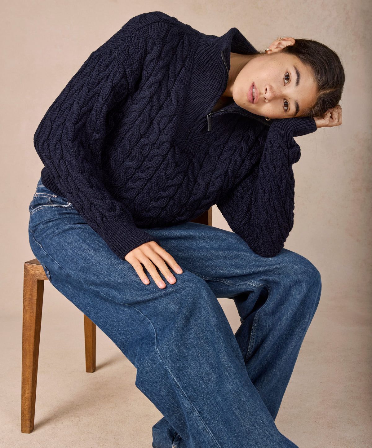 IrelandsEye Knitwear The 'Jessica' Cropped Aran Troyer Navy