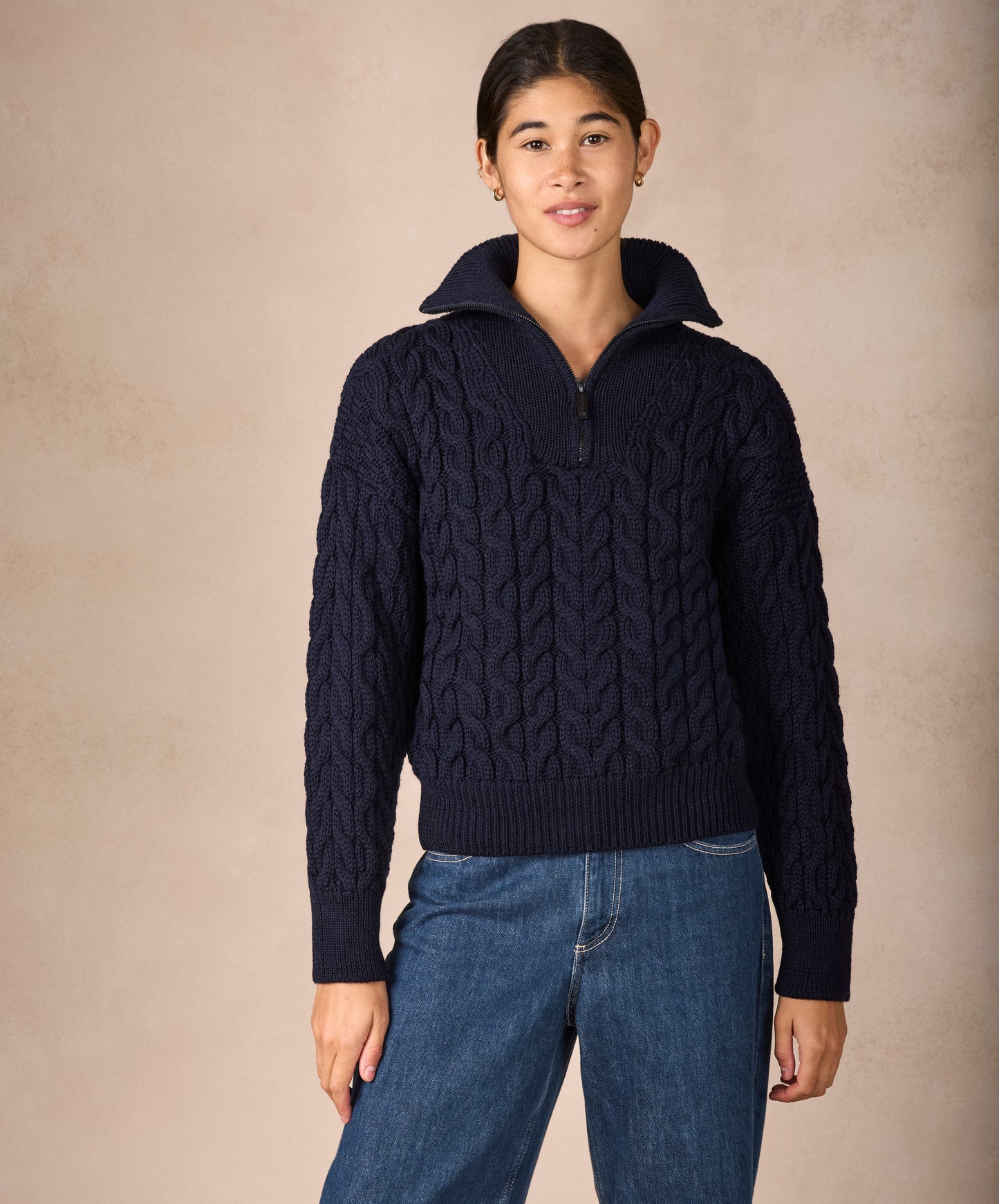 IrelandsEye Knitwear The 'Jessica' Cropped Aran Troyer Navy