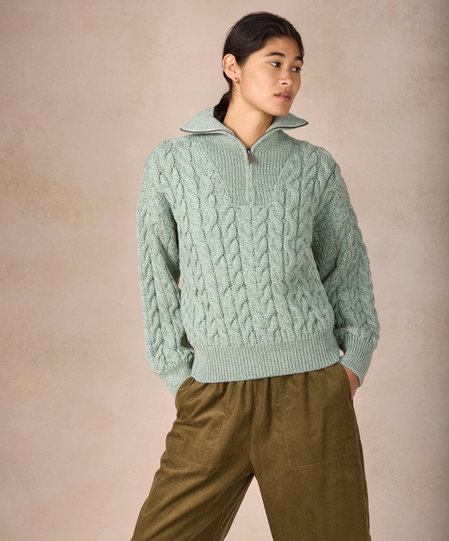 IrelandsEye Knitwear The 'Jessica' Cropped Aran Troyer Sage Marl