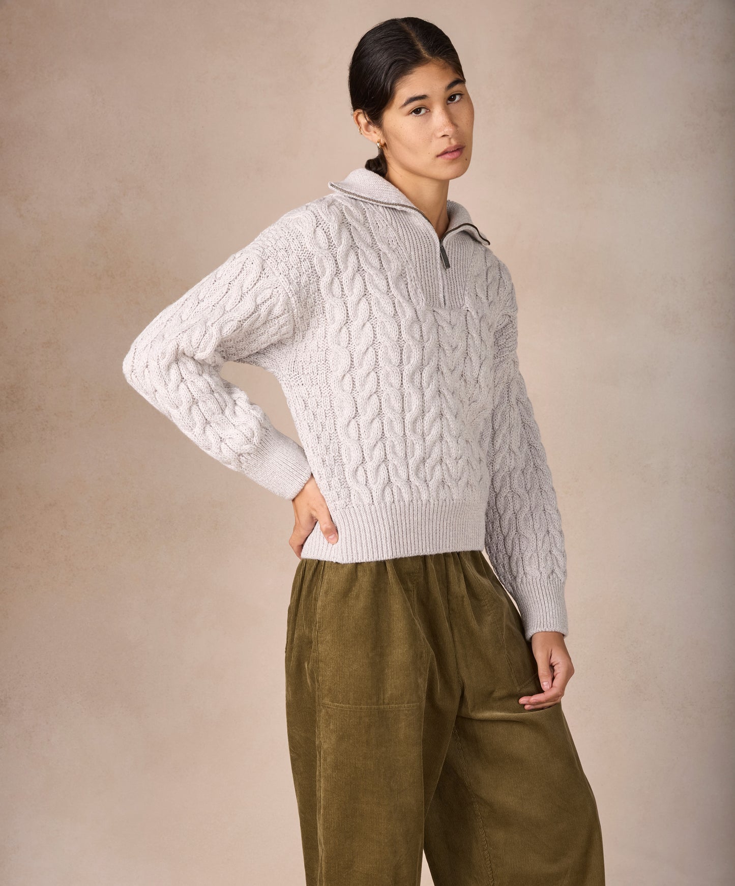 IrelandsEye Knitwear The 'Jessica' Cropped Aran Troyer Silver Marl