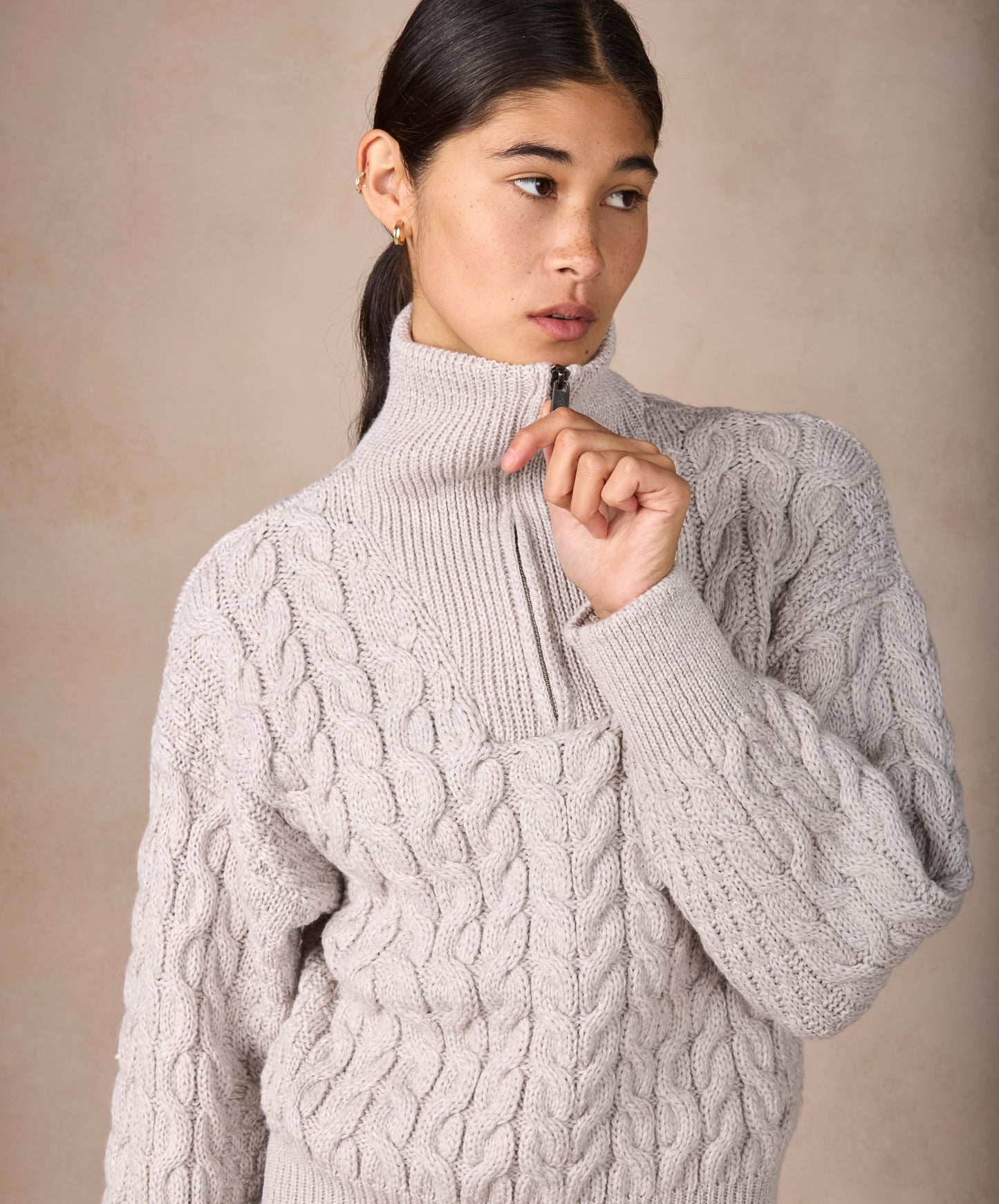 IrelandsEye Knitwear The 'Jessica' Cropped Aran Troyer Silver Marl
