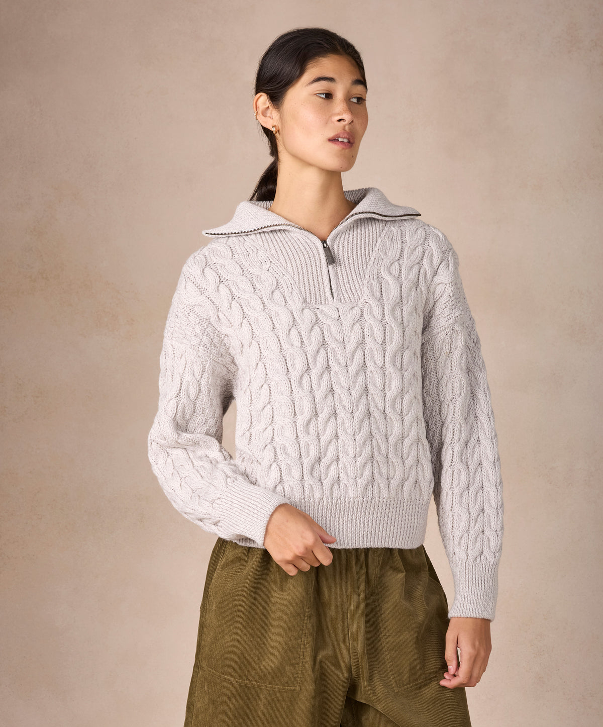 IrelandsEye Knitwear The 'Jessica' Cropped Aran Troyer Silver Marl