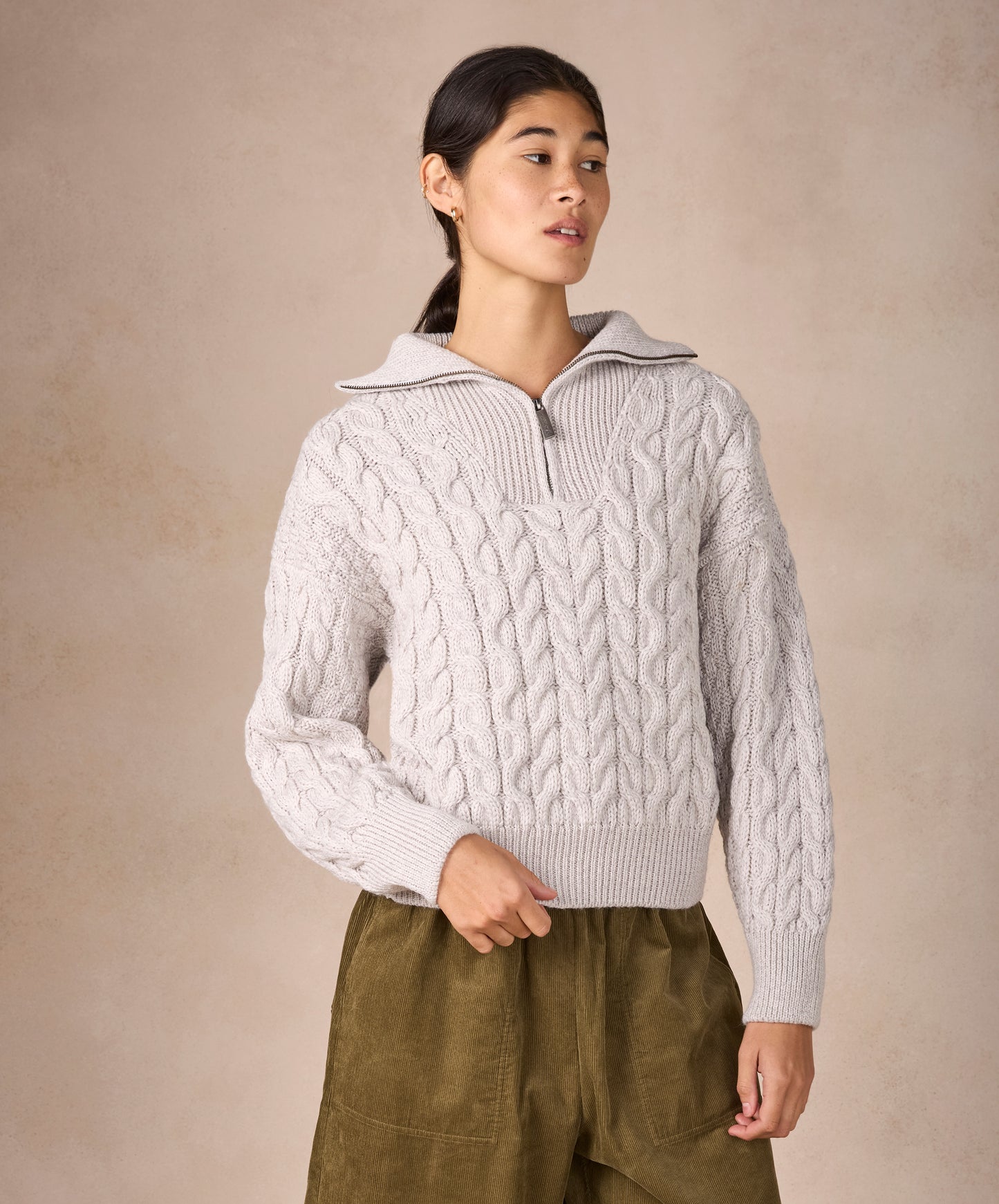 IrelandsEye Knitwear The 'Jessica' Cropped Aran Troyer Silver Marl