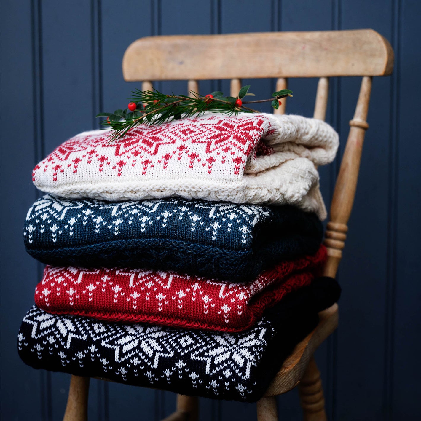 IrelandsEye Knitwear Christmas Sweater Racing Red, Natural, Evergreen Navy