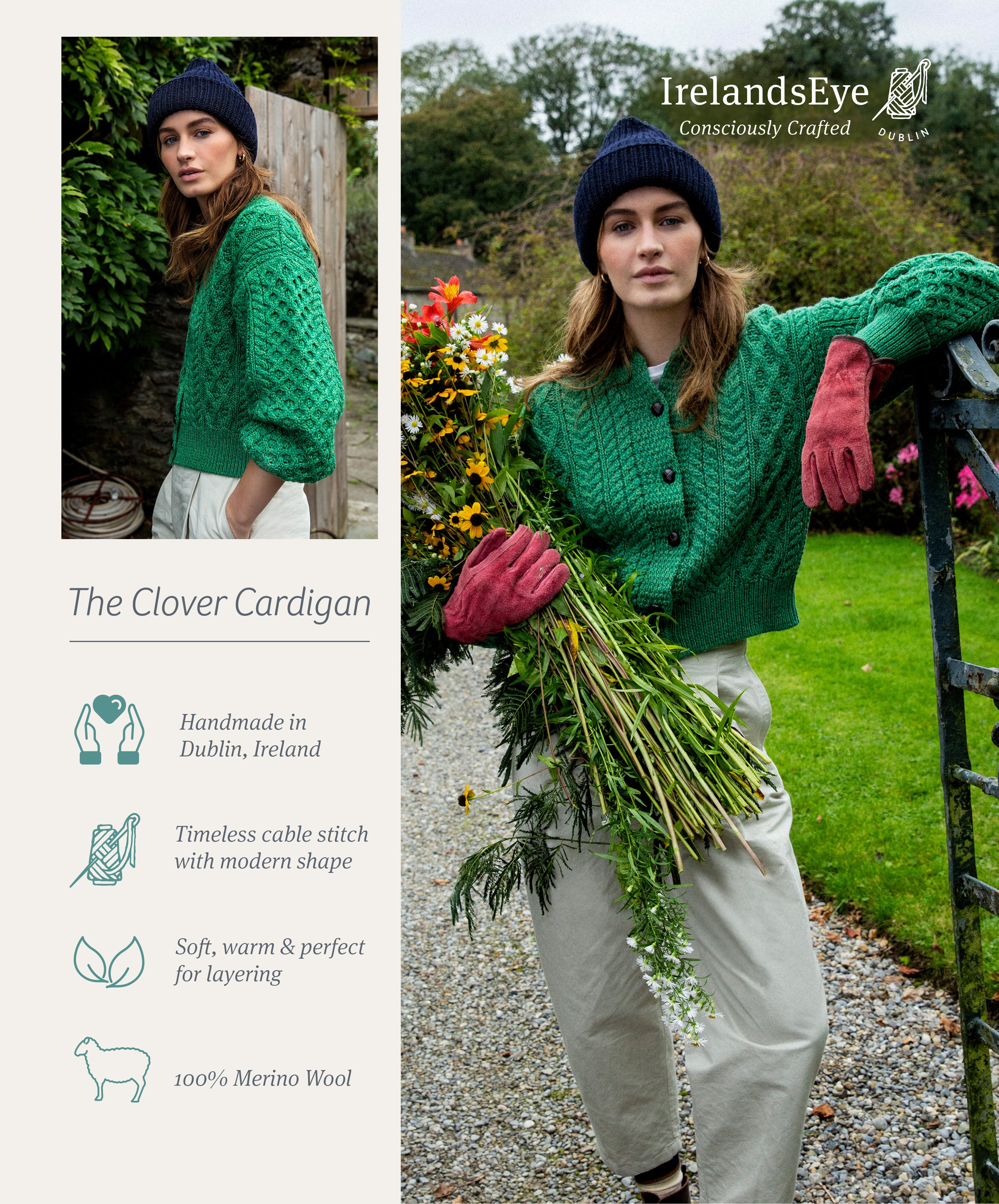 Women's Clover Cropped Aran Cardigan | Green Marl Soft Knit