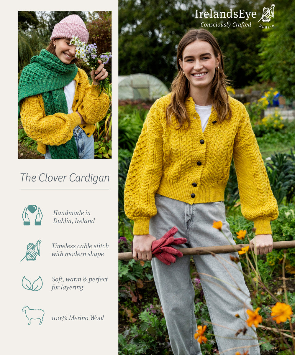 Women's Clover Cropped Aran Cardigan in Sunflower Yellow