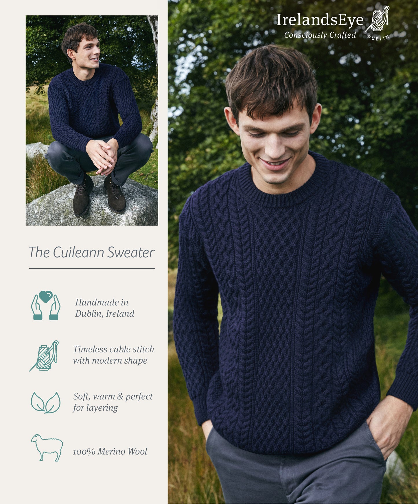 Cuileann Aran Crew Neck Sweater Navy
