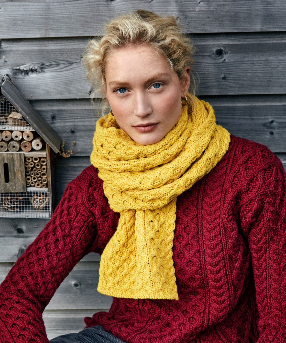 IrelandsEye Knitwear Blasket Honeycomb Stitch Aran Sweater Claret Aran Scarf Sunflower