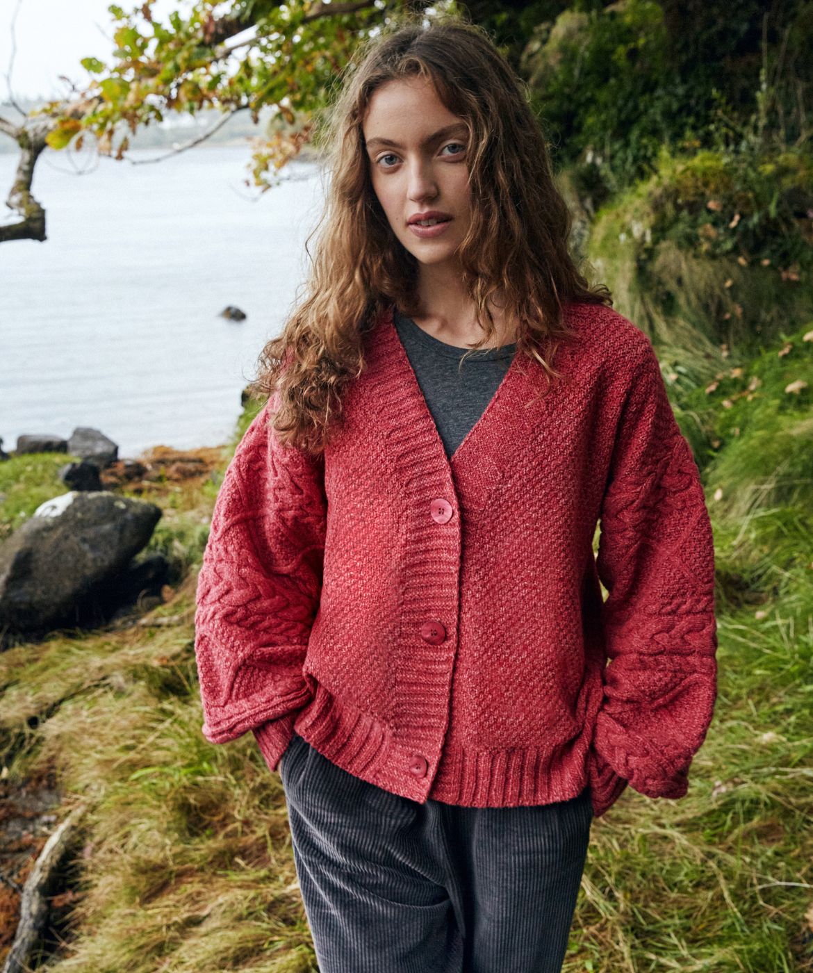IrelandsEye Knitwear Thistle Cable Knit Sleeves Cardigan Coral