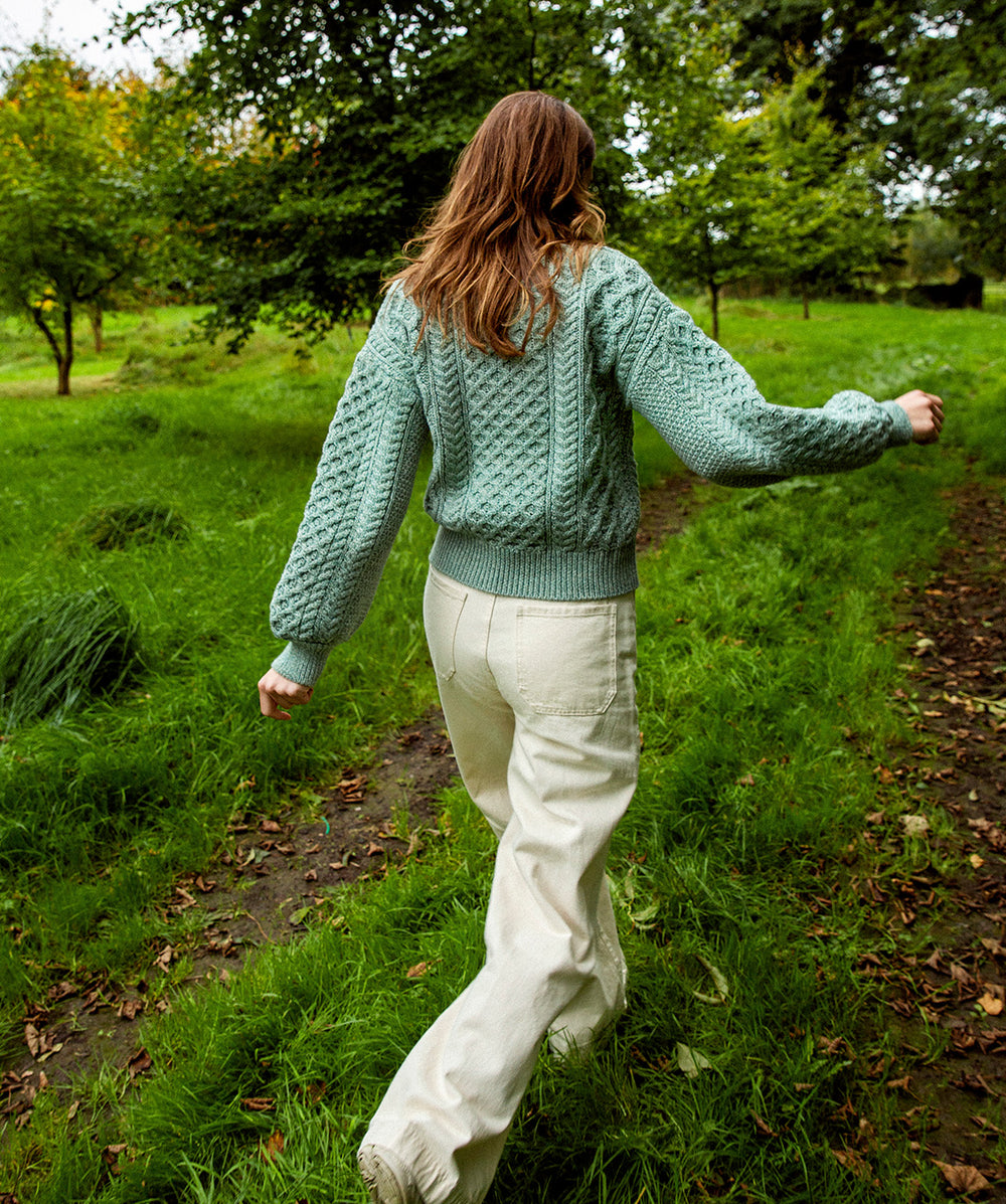 Womens Honeysuckle Cropped Aran Sweater Sage Marl IrelandsEye
