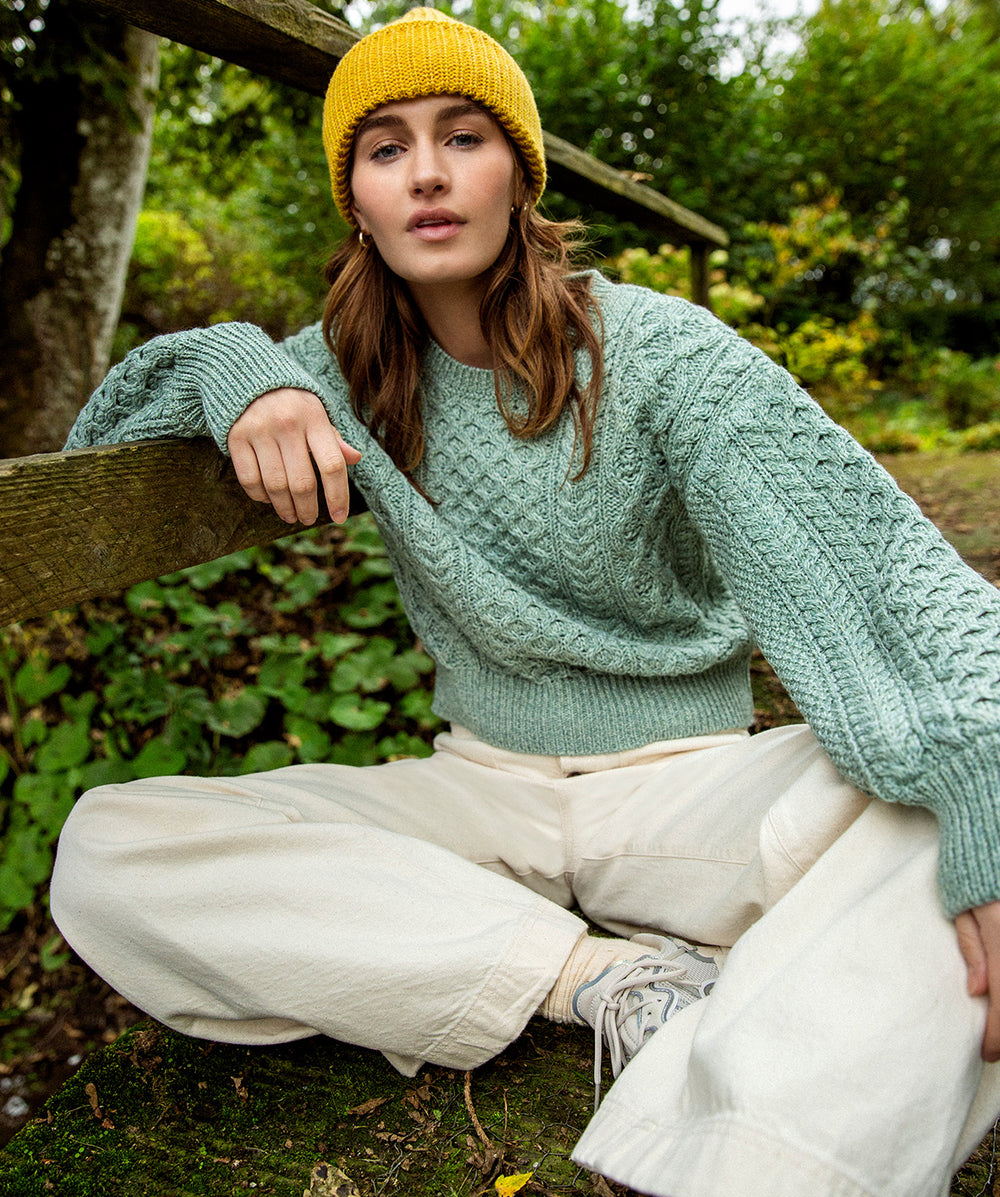Womens Honeysuckle Cropped Aran Sweater - Sage Marl - IrelandsEye