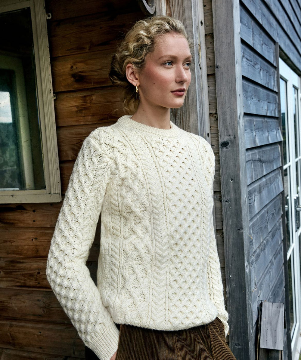 Womens Blasket Honeycomb Stitch Aran Sweater Natural