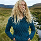 IrelandsEye Knitwear Women's Bramble Aran Shawl Collar Sweater in Atlantic Blue